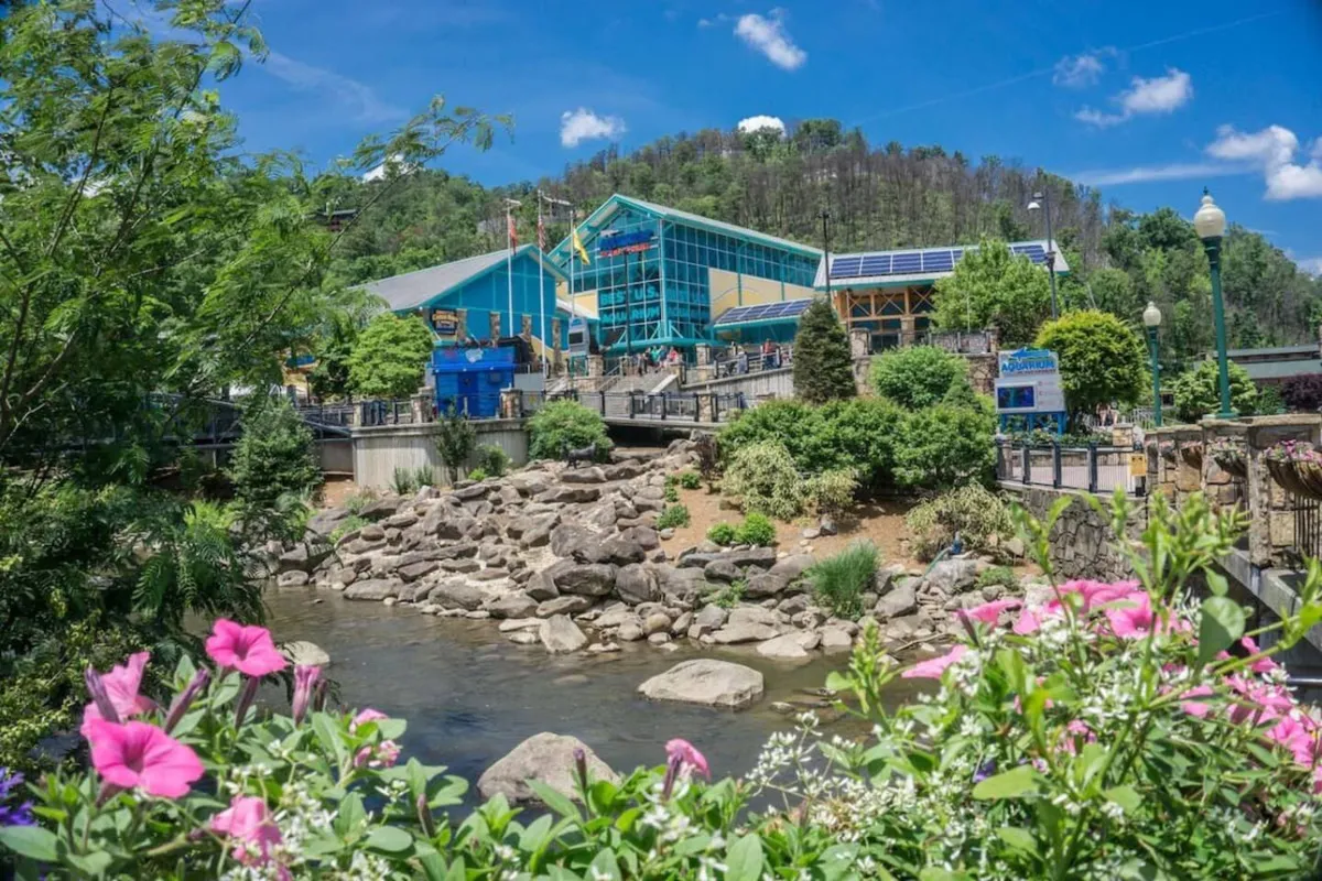 A colorful building set next to a natural stream, with flowering plants, rock formations, and people walking or enjoying a picnic. The cheerful, vibrant scene suggests nearby opportunities for exploration, socializing, and outdoor fun.