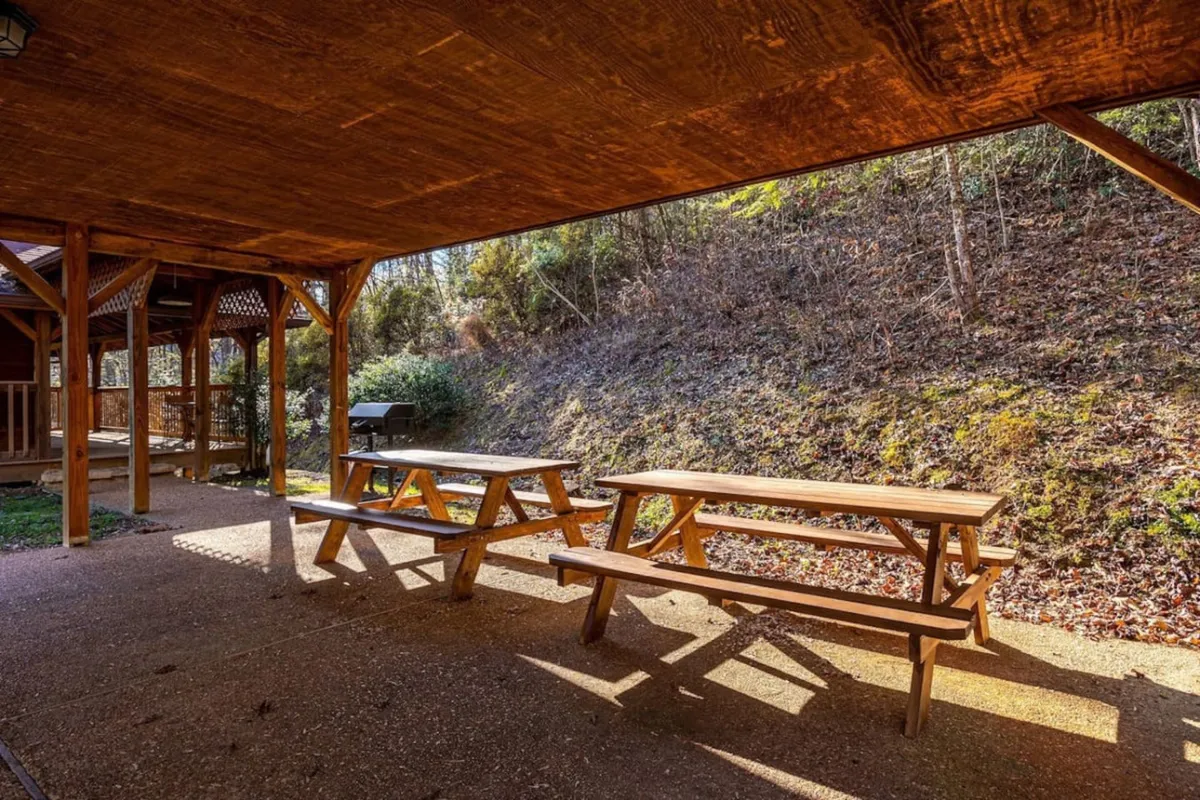 This photo captures a covered patio area with sturdy wooden picnic tables and lush natural surroundings. The patio provides a sheltered outdoor space for groups to gather, relax, and share stories after a day of driving.